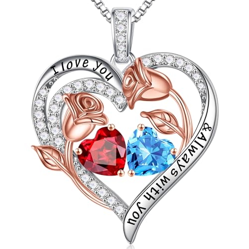 Iefil Birthstone Necklace for Women - Rose Heart Necklace | 925 Sterling Silver, Gift Box Packaging, Anniversary Birthday Gifts for Wife Mom Daughter - color: 01-03-Jan-Mar Birthstone