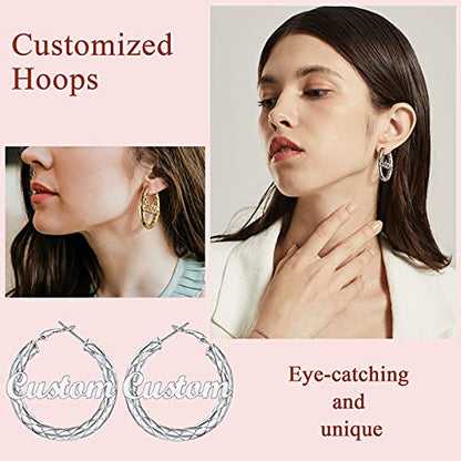 FindChic Chunky Hoop Earrings for Women, Silver/Black/14K Gold Plated Crossover Patterned Hollow Tube Rounded Loop Earrings, 30mm/40mm/60mm/80mm Hoops with Custom Name Options and Gift Box - color: e.Silver (Custom Name), size: 60MM