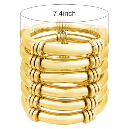 YBMYCM 5PCS Gold Chunky Bangles Bracelets for Women | 14k Gold Plated Stackable Layered Curved Bamboo Tube Stretch Bracelets Bangle Gift Jewelry - color: 6pcs G