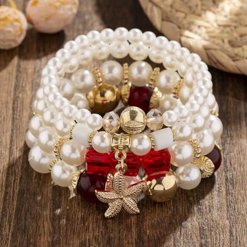 Bohemian Pearl Bracelet Set, 4 Piece Elastic Stretch Beaded Wrist Chain with Starfish Pendant, Boho Faux Pearl Multi-Color Stackable Bracelets for Women - color: Red
