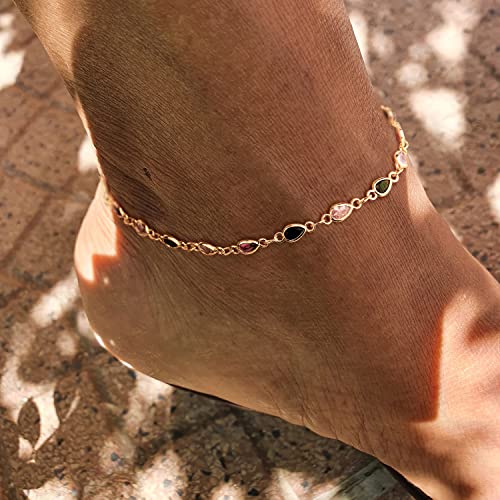 MEVECCO Anklet for Women Gold Chain 14K Gold Plated Dainty Boho Beach Summer Simple Foot Jewelry Ankle Bracelet - style: Colorful CZ Chain