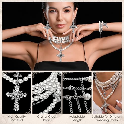 Tondiamo 3 Pcs Gothic Jewelry Set Cross Necklace for Women Goth Earrings Bracelet Layered Y2k Choker Costume Accessory - color: Silver, style: Pearl Style