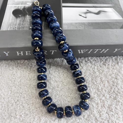Colorful Chunky Resin Beaded Choker Necklaces for Women | Multicolor Beads, Sturdy Metal Chain, Adjustable, Detachable, Lightweight, Summer Beach Boho, Trendy Statement Jewelry Gift - color: Dark Blue