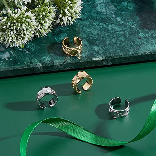 UNICRAFTALE 4Pcs 2 Colors Wide Tray Cuff Ring Settings Size 7 Cabochon Ring Carving Pattern Stainless Steel Blank Rings 8mm Trays Open Finger Rings for Jewelry Making