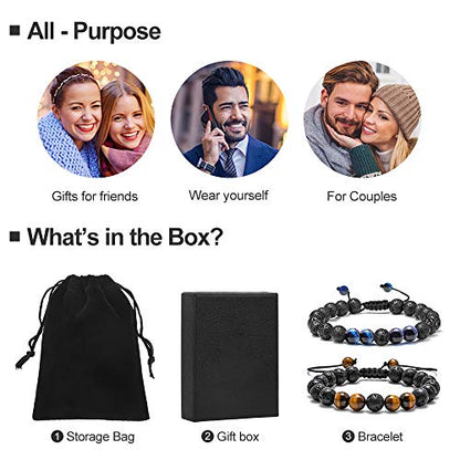 M MOOHAM Mens Bracelet - Beaded Natural Stone 8mm Tiger Eye Matte Agate Lava Rock Bracelets for Men Teen Boys Grandpa Dad Birthday Gifts Jewelry - style: "Lava Rock&Yellow Blue Tiger Eye Bracelets