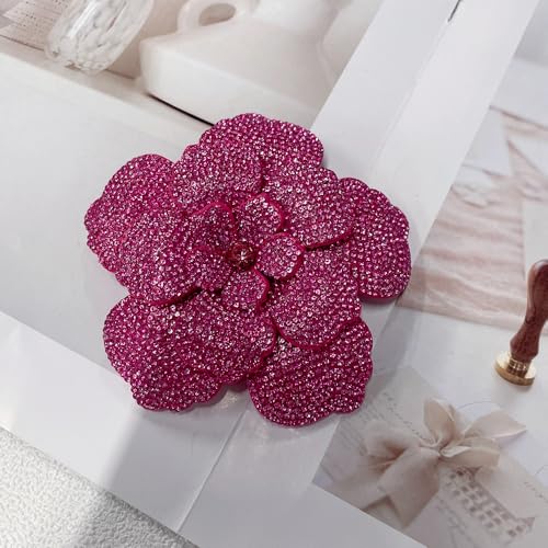 Rhinestone Flower Brooch Pin for Women Men Elegant Sparkly Crystal Camellia Floral Lapel Pins Shawl Dress Suit Clothes Accessories Wedding Party Fashion Jewelry 105mm - color: Hot Pink