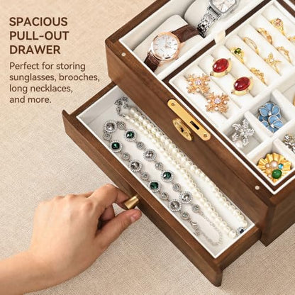 Black Walnut Jewelry Box for Women, Top Lock Wooden Organizer with Drawer | 3 Layer, Solid Wood, Removable Tray, Lock Key, Necklace Ring Earrings Watch Bracelet Case, Handcrafted, Gift for Mom Girls - color: 3 Layer Top Lock