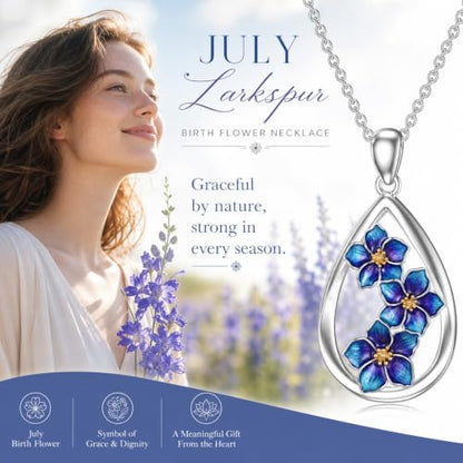 12 Month Birth Flower Necklace for Women 925 Sterling Silver Floral Teardrop Pendant Birthday Jewelry Gifts - color: 07. July Larkspur