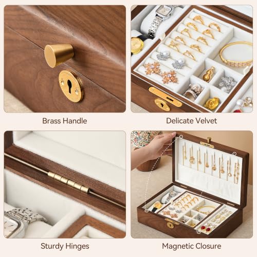 Black Walnut Wooden Lockable Jewelry Box, 2 Layer Large Wood Jewelry Organizer with Removable Tray for Necklace Ring Earrings Watch Bracelet, Handcrafted Velvet Lined Case Gifts for Mom Women Girls - color: 2 Layer Large Lockable