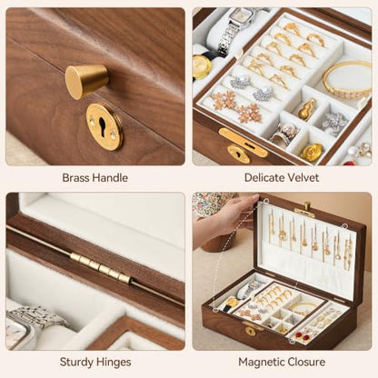 Black Walnut Wooden Lockable Jewelry Box, 2 Layer Large Wood Jewelry Organizer with Removable Tray for Necklace Ring Earrings Watch Bracelet, Handcrafted Velvet Lined Case Gifts for Mom Women Girls - color: 2 Layer Large Lockable