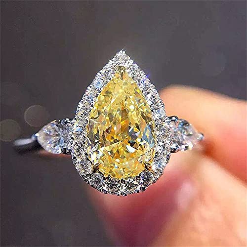 925 Sterling Silver Full Diamond Ring Shiny Citrine Ring Tear Drop 3Ct Zirconia Promise Halo Rings CZ Yellow Gem Cocktail Rings Eternity Engagement Wedding Band Ring for Women TZ.118 (US Code 9) - size: US Code 9