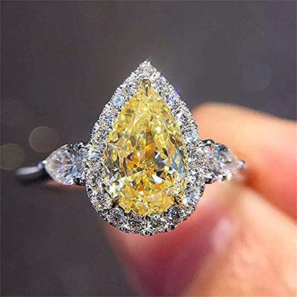 925 Sterling Silver Full Diamond Ring Shiny Citrine Ring Tear Drop 3Ct Zirconia Promise Halo Rings CZ Yellow Gem Cocktail Rings Eternity Engagement Wedding Band Ring for Women TZ.118 (US Code 9) - size: US Code 9