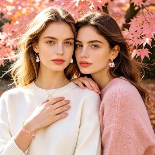40 Pcs/20 Pairs Pink Fall Charms for Jewelry Making | Autumn Thanksgiving Day Charm, Pumpkin Maple Leaf Turkey Harvest Pendants, for Bracelet Necklace Earring, DIY Craft Gifts - style: Pink Fall