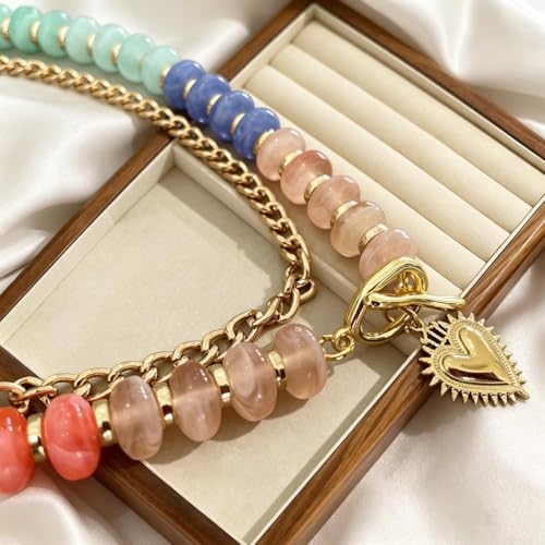 Layered Beaded Necklace for Women, Colorful Acrylic Rainbow Beads | Adjustable Chain & Heart Pendant, Lightweight Bead Necklace for Women, Waterproof Resin, Summer Handmade Jewelry Gift
