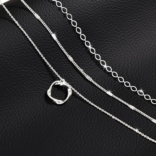 14K Gold Silver Plated Layered Necklaces for Women Trendy | Necklaces for Women Trendy, Stackable Dainty Chain Necklace, Beach Cute Fashion Pendant Choker Necklace, Jewelry Set Gifts - color: 3PCS / Twisted Circle & 2 Chains - Silver