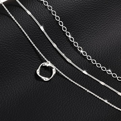 14K Gold Silver Plated Layered Necklaces for Women Trendy | Necklaces for Women Trendy, Stackable Dainty Chain Necklace, Beach Cute Fashion Pendant Choker Necklace, Jewelry Set Gifts - color: 3PCS / Twisted Circle & 2 Chains - Silver