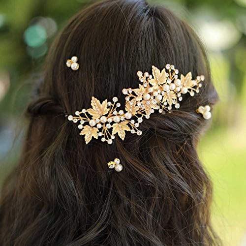 Rhinestone Pearl Alligator Bridal Hair Clips, Set of 2, Gold | For Wedding Prom, Leaf Design, Jewelry Headpiece for Women - color: Gold