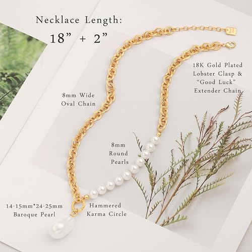 Aobei Pearl 18K Gold Plated Pendant Necklace for Women Dainty Gold Chain Choker Love Heart Disc Coin Pearl Cross Toggle Jewelry - style: Baroque Pearl
