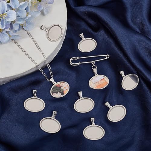1 Box 10Pcs Oval Bezel Charm Stainless Steel Cabochon Settings Silver 25 x 18mm Metal Cameo Memorial Photo Pendant Blanks Cabochons Base Tray for Jewelry Making DIY Resin Craft Accessories - style: silver flattened round
