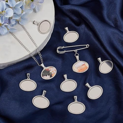 1 Box 10Pcs Oval Bezel Charm Stainless Steel Cabochon Settings Silver 25 x 18mm Metal Cameo Memorial Photo Pendant Blanks Cabochons Base Tray for Jewelry Making DIY Resin Craft Accessories - style: silver flattened round