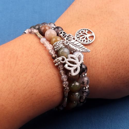 Tree of Life Yoga Healing Stone Bracelets,Multilayer Lotus Chakra Stone Reiki Bracelet Sets,Anxiety Crystal Natural Stone,for Women Stress Relief - style: Black dragon agate + Indian agate