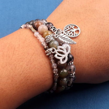 Tree of Life Yoga Healing Stone Bracelets,Multilayer Lotus Chakra Stone Reiki Bracelet Sets,Anxiety Crystal Natural Stone,for Women Stress Relief - style: Black dragon agate + Indian agate
