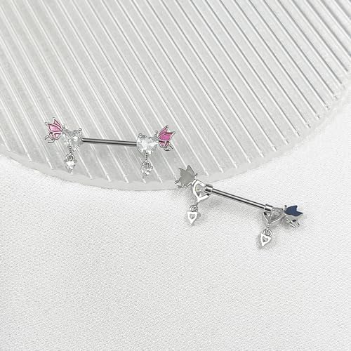 Pink Heart Nipple Rings for Women 14G 16mm Surgical Steel CZ Rhinestone Butterfly Dangling Nipple Shield Studs Body Piercing Jewelry Gifts - color: White