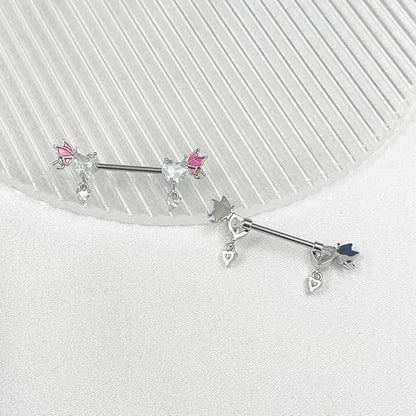 Pink Heart Nipple Rings for Women 14G 16mm Surgical Steel CZ Rhinestone Butterfly Dangling Nipple Shield Studs Body Piercing Jewelry Gifts - color: White