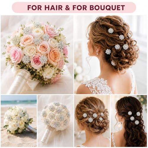 112 Pcs Sliver Crystal Wedding Bouquet Brooches for Women, Rhinestone Flower Brooch Pins Corsage Boutonniere Stick Pins for DIY Wedding Party Bouquets Embellishment Crafts Decor