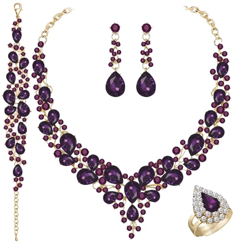 Paxuan Crystal Bridal Wedding Jewelry Sets for Women Rhinestone Teardrop Crystal Statement Choker Necklace Drop Earrings Link Bracelets Rings Teardrop Jewelry Set for Brides Bridesmaids - color: Gold Plated Purple Crystal