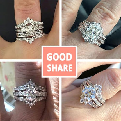 SHELOVES Crown Wedding Ring Guard Enhancers Round Cubic Zirconia Stackable Rings Wrap for Women White Gold Plated - color: Silver