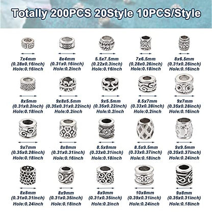 Craftdady 200pcs Antique Silver Tibetan European Large Hole Beads 20 Style Column Metal Loose Spacer Beads Barrel Tube Beads 5.5~9mm for DIY Craft Bracelet Necklace Jewelry Making - color: Antique Silver-20 style,10pcs/style