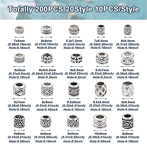 Craftdady 200pcs Antique Silver Tibetan European Large Hole Beads 20 Style Column Metal Loose Spacer Beads Barrel Tube Beads 5.5~9mm for DIY Craft Bracelet Necklace Jewelry Making - color: Antique Silver-20 style,10pcs/style