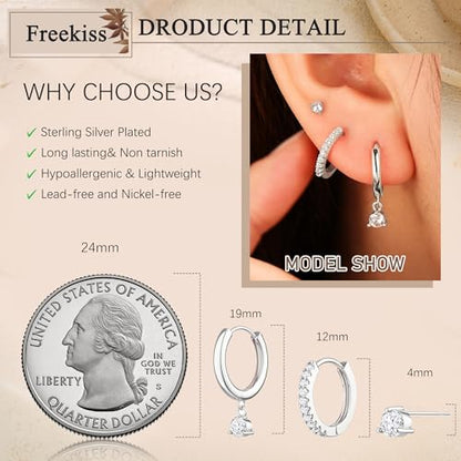 Freekiss 3 Pairs Hoop Earrings Set - Dainty Stud Dangle Cartilage for Women | Hypoallergenic Earrings, Cubic Zirconia Stackable Trendy Small Set Jewelry Gifts for Women - style: 3CZ rounded stud earrings-SL