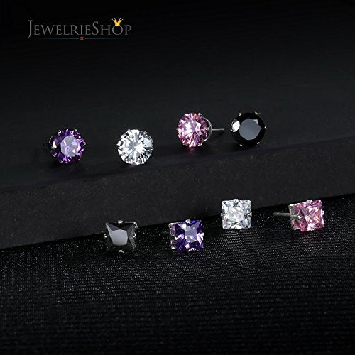 JewelrieShop Women Stud Earrings Set Tiny Small Colorful Earings Stainless Steel Post Earrings Hypoallergenic CZ Birthstone Ear Studs (8 pairs,4mm,Round,Square CZ)