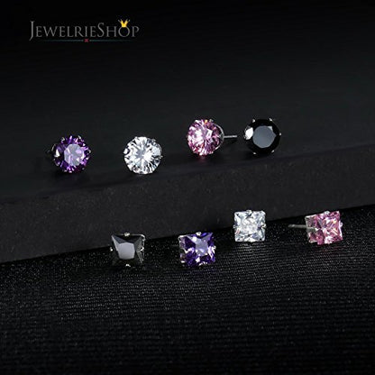 JewelrieShop Women Stud Earrings Set Tiny Small Colorful Earings Stainless Steel Post Earrings Hypoallergenic CZ Birthstone Ear Studs (8 pairs,4mm,Round,Square CZ)