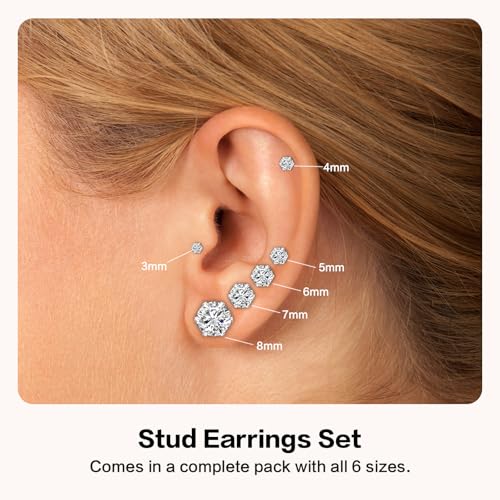 6 Pairs Stud Earrings for Women Men, Silver Gold Stainless Steel Studs Set | 3 4 5 6 7 8mm, Cubic Zirconia, 14K Gold Plated, Hypoallergenic, Flat Back Earrings for Sensitive Ears, Jewelry Gift Idea - color: Silver