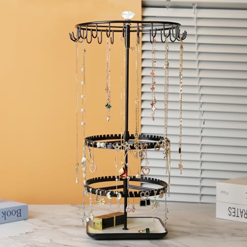 Multi layer rotating jewelry storage rack, capable of storing rings, earrings, necklaces, bracelets, adjustable jewelry display tree, black - color: C Black