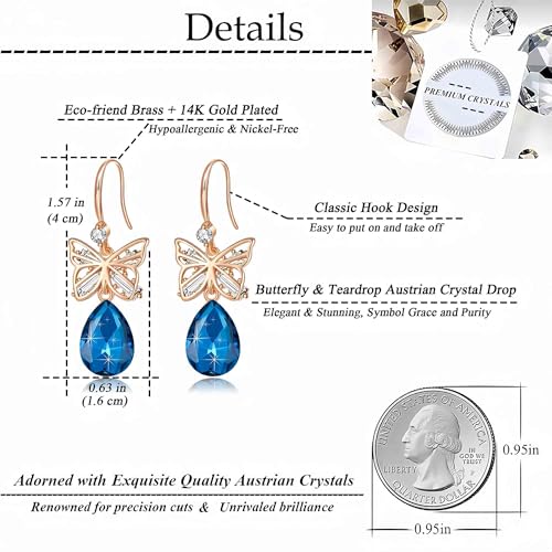 Austrian Crystal Teardrop Butterfly Drop Dangle Earrings for Women 14K Rose Gold Plated Hypoallergenic Jewelry - color: Bermuda Blue