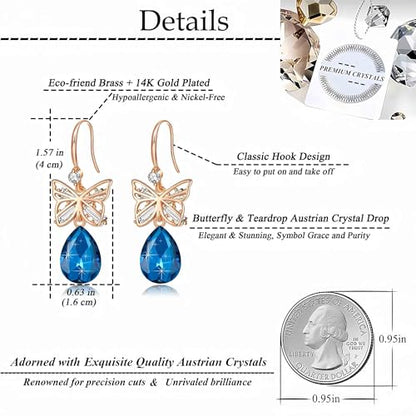 Austrian Crystal Teardrop Butterfly Drop Dangle Earrings for Women 14K Rose Gold Plated Hypoallergenic Jewelry - color: Bermuda Blue