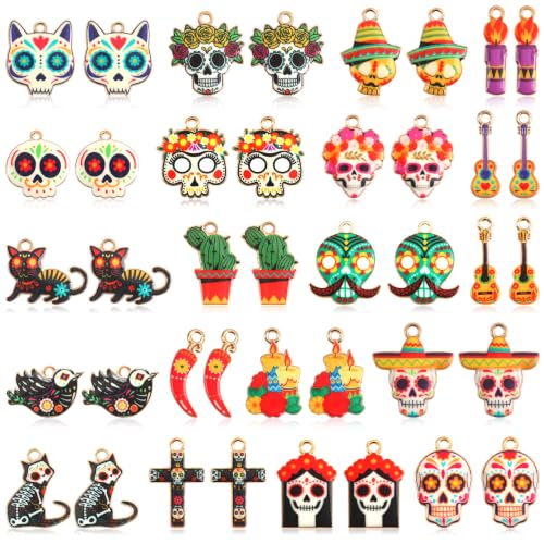 40 Pcs/20 Pairs Dia De Los Muertos Charms for Jewelry Making | Dia De Los Muertos Charms for Jewelry Making, Metal Day of the Dead Pendants, for DIY Earrings Bracelets Necklaces Crafts - style: Dia De Los Muertos