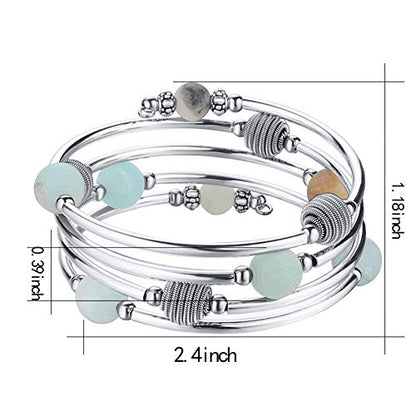 PEARL&CLUB Beaded Chakra Bangle Turquoise Bracelet - Fashion Jewelry Wrap Bracelet with Thick Silver Metal and Mala Beads, Birthday Gifts For Women - color: 63-Agate Green