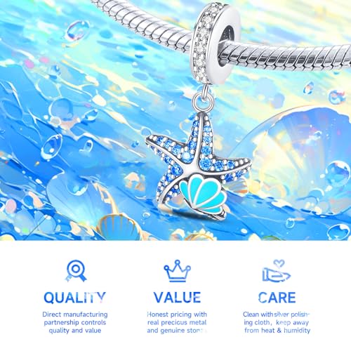 925 Sterling Silver Charms Bead for Bracelets Necklaces, Star Moon Crescent Sun Solar Pendent, Blue Ocean Starfish Shells Turtle Crab Starry Sea Cute Jewelry Birthday Gifts for Women Men - style: Luminous Starfish