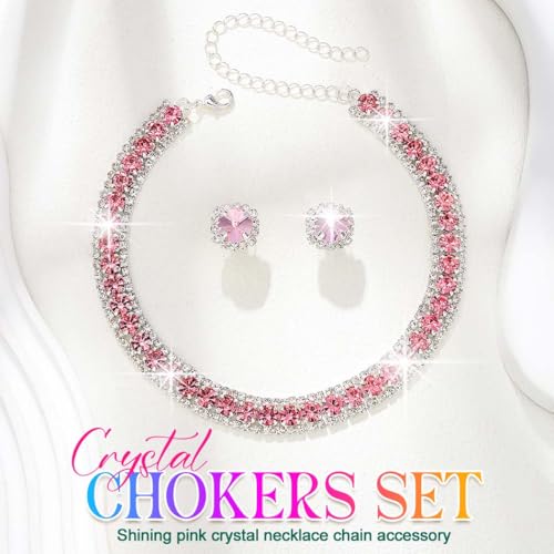 CLOACE Rhinestone Bridal Wedding Jewelry Set Sparkly Chocker Necklaces Earrings Prom Jewelry Accessories for Women - color: Pink