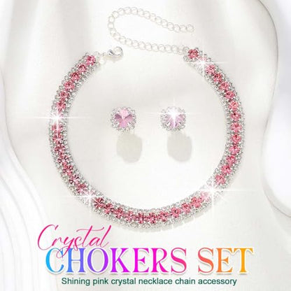 CLOACE Rhinestone Bridal Wedding Jewelry Set Sparkly Chocker Necklaces Earrings Prom Jewelry Accessories for Women - color: Pink