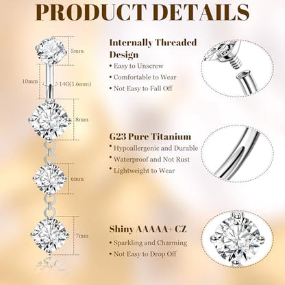 14G G23 Titanium Dangle Belly Button Rings for Women CZ Round Belly Rings Internally Threaded Flower Navel Ring Hypoallergenic Curved Barbell Belly Piercing Jewelry - style: CZ-Silver