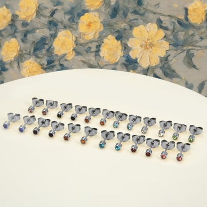 12 Pairs 18K Gold Plated Surgical Stainless Steel Stud Earring Cubic Zirconia CZ Multicolor Birthstone Stud Earrings Set - style: Silver round 2mm
