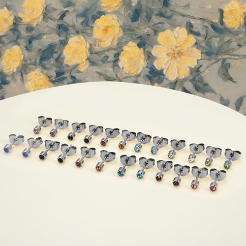 12 Pairs 18K Gold Plated Surgical Stainless Steel Stud Earring Cubic Zirconia CZ Multicolor Birthstone Stud Earrings Set - style: Silver round 4mm