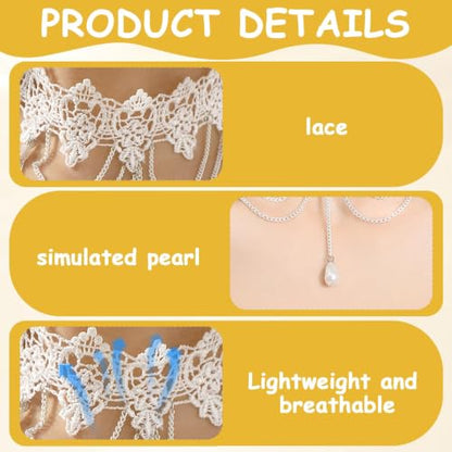 White Lace Choker Necklace for Women Tassel Pearl Choker Necklaces Boho Collar Statement Artistic Chain with Pearl Cosplay Costume Party Jewelry