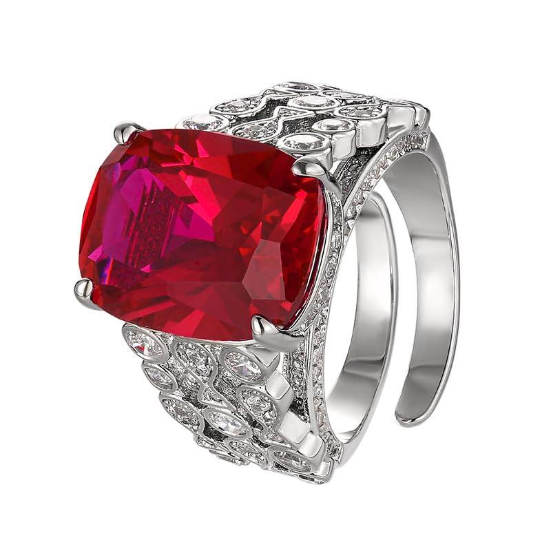 Cushion Cut Gem Cocktail Open Ring For Women, 2 Colors Ruby Sapphire Honeycomb Hollow Full Pave Crystal Formal Statement Ring - color: red